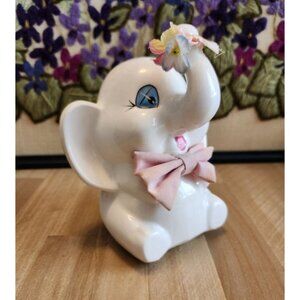 Ceramic Vintage Lucky Elephant Coin Piggy Bank Bow Tie & Flowers Trunk Up